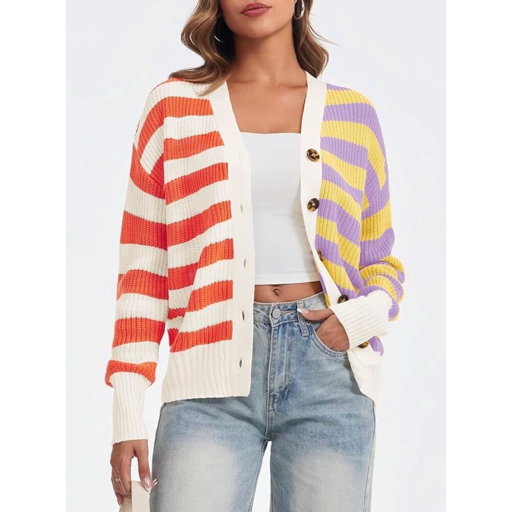 STAUD Essex Cardigan Cabana Stripe Orange Yellow Cream Purple Multi Large V-neck - Picture 10 of 16